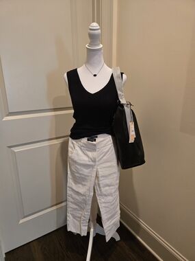 bebe White Cropped Wide-Leg Linen Slit Hem Pants
